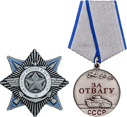 Орден «За службу Родине в вооружённых силах СССР» 3 степени и медаль «За отвагу»